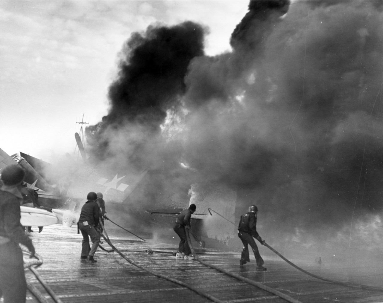 Fire fighting aboard USS ENTERPRISE (CV-6).