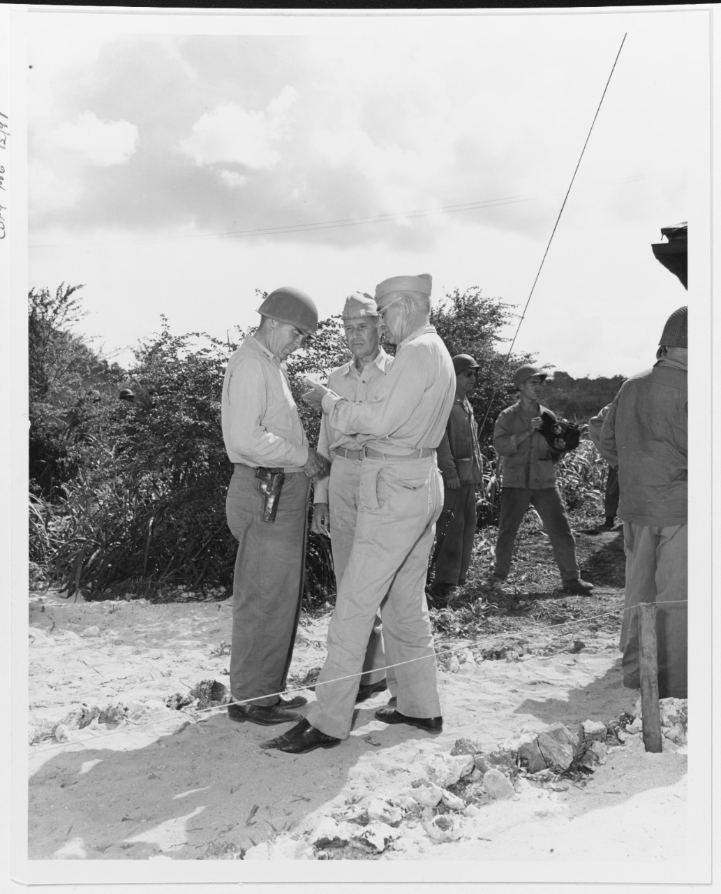 Major General Harry Schmidt, USMC; Admiral Raymond A. Spruance, USN, and Vice Admiral R. Kelly Turner, USN.