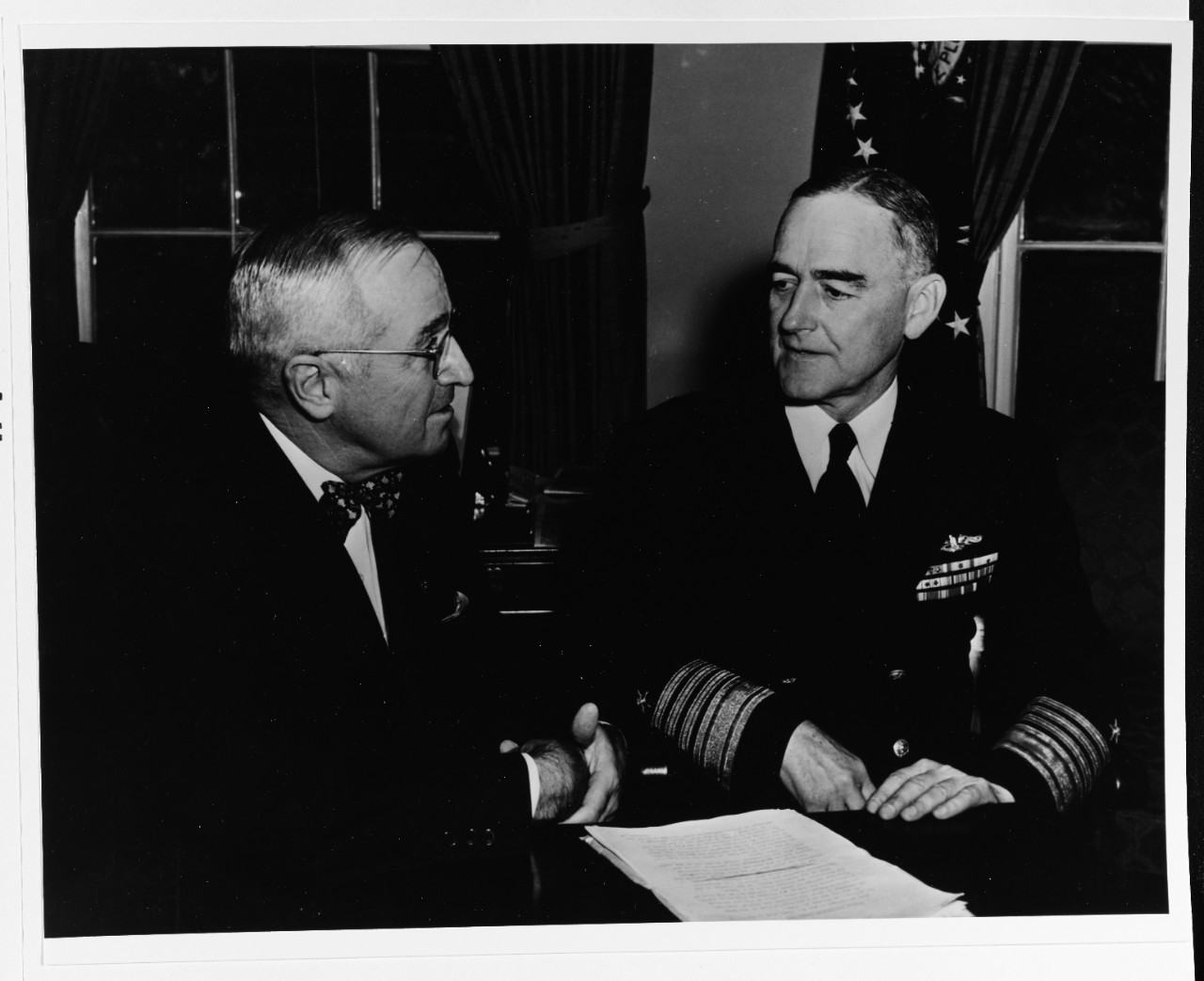 Admiral Lynde D. McCormick, recently appointed Supreme Allied Commander, Atlantic, confers with President Harry S. Truman