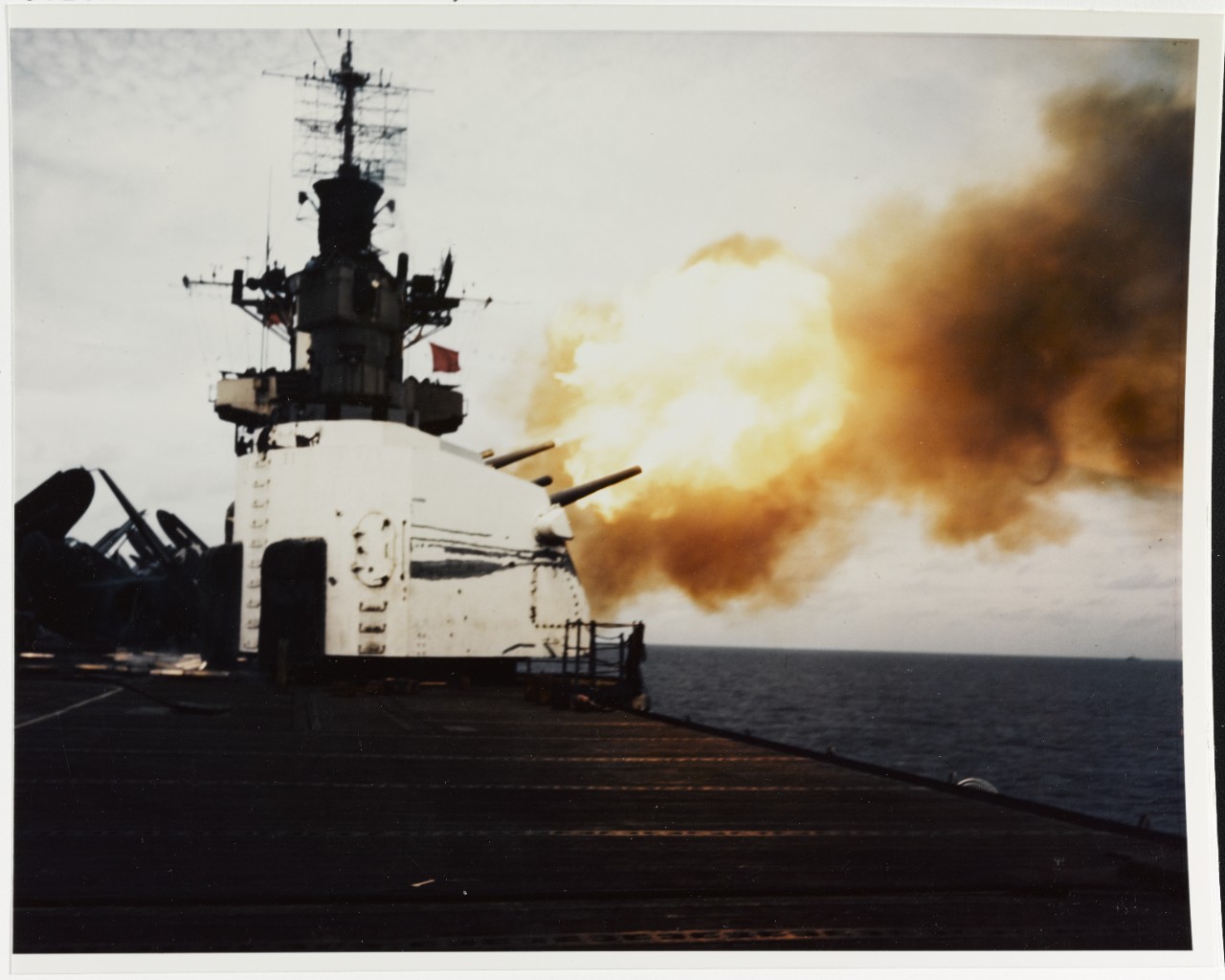 USS HORNET (CV-12) fires guns in Western Pacific, circa June 1945