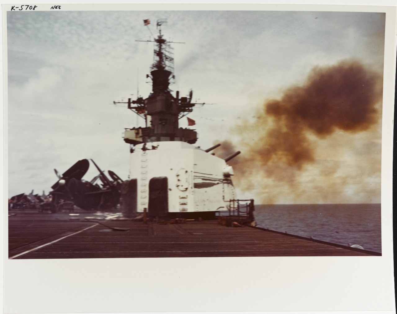 USS HORNET (CV-12) Fires guns in the Western Pacific, circa June 1945