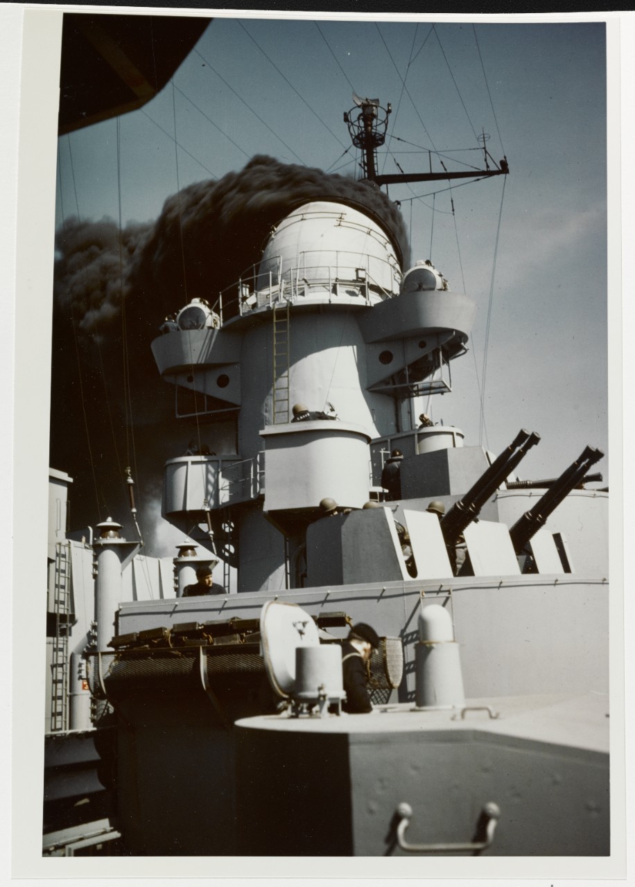 USS IOWA (BB-61). Making smoke from No. 2 Stack, circa May 1943
