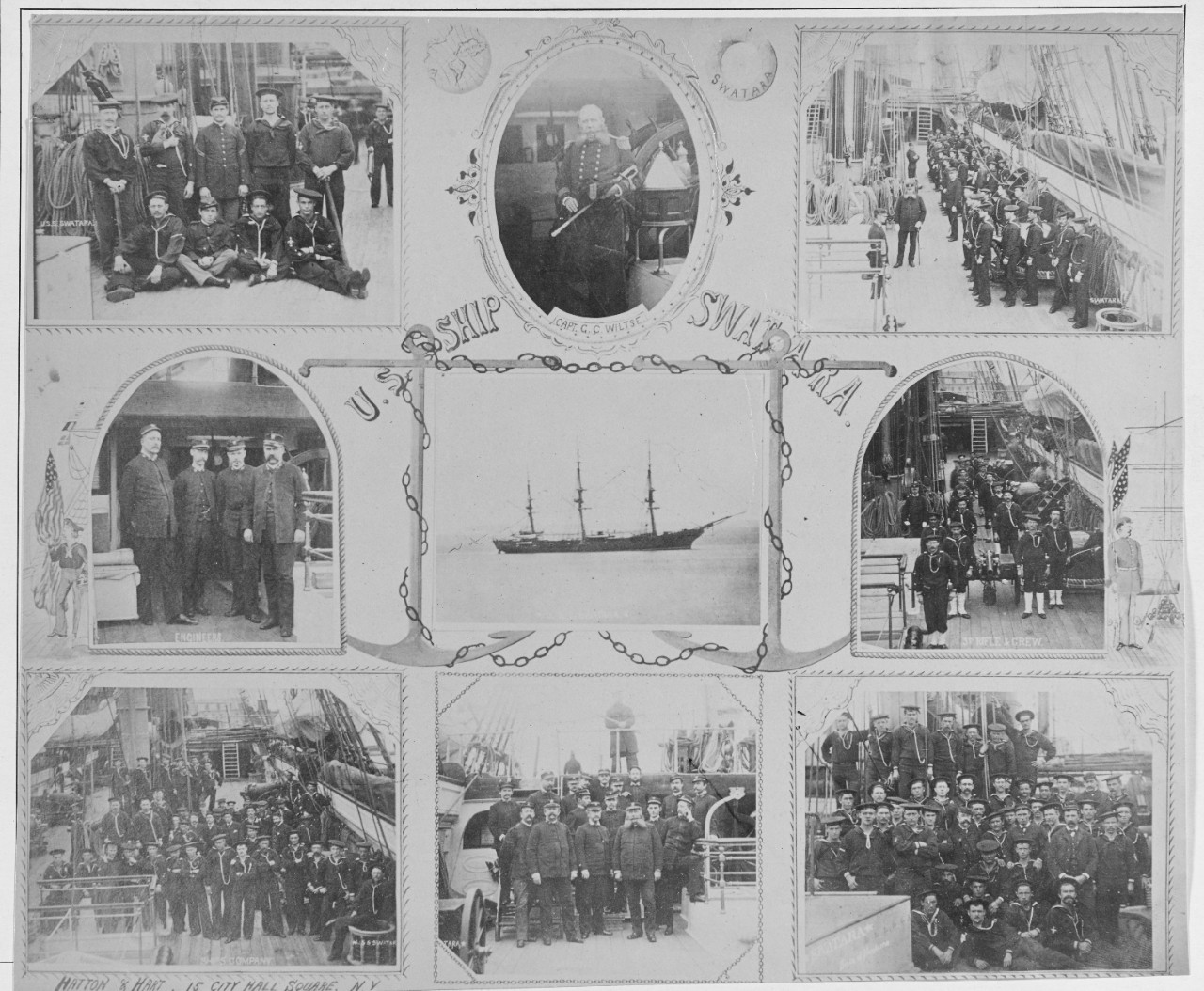 Men and officers of the USS SWATARA (1874-1896) with Captain Gilbert C. Wiltse commanding, 1884. 