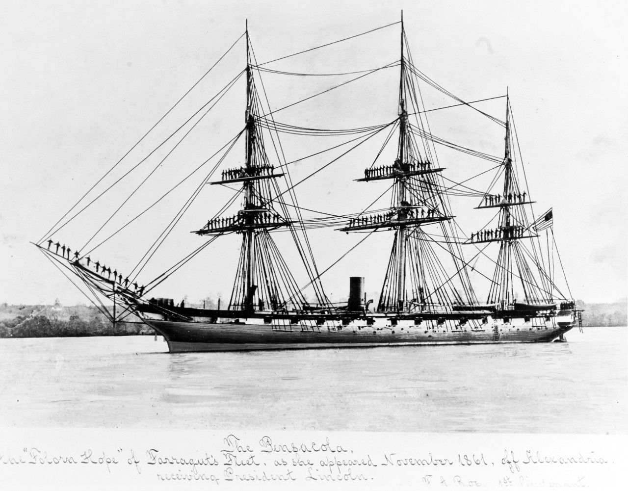 USS PENSACOLA. The "FORLORN HOPE" of Farragut's Fleet, 1861, receiving President Lincoln. 
