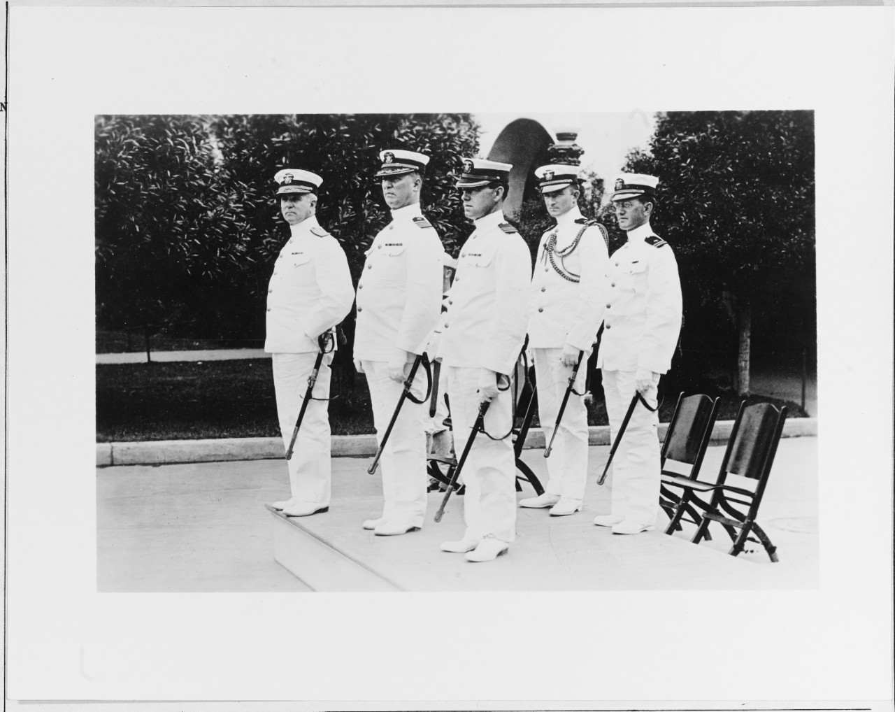 Group Picture of Officers:  Rear Admiral William F. Fullam, Captain O.W. Farenholt, Commander William D. Brotherton, Lieutenant Matthis E. Manley, Lieutenant Emanual A. Lofquist. 