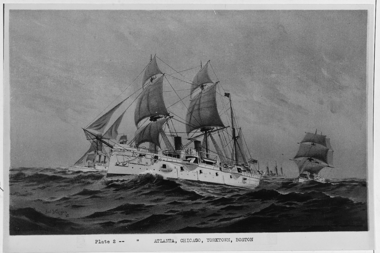 Painting of USS ATLANTA, USS CHICAGO, USS  YORKTOWN, and USS BOSTON with USS CHICAGO (1889-1928)