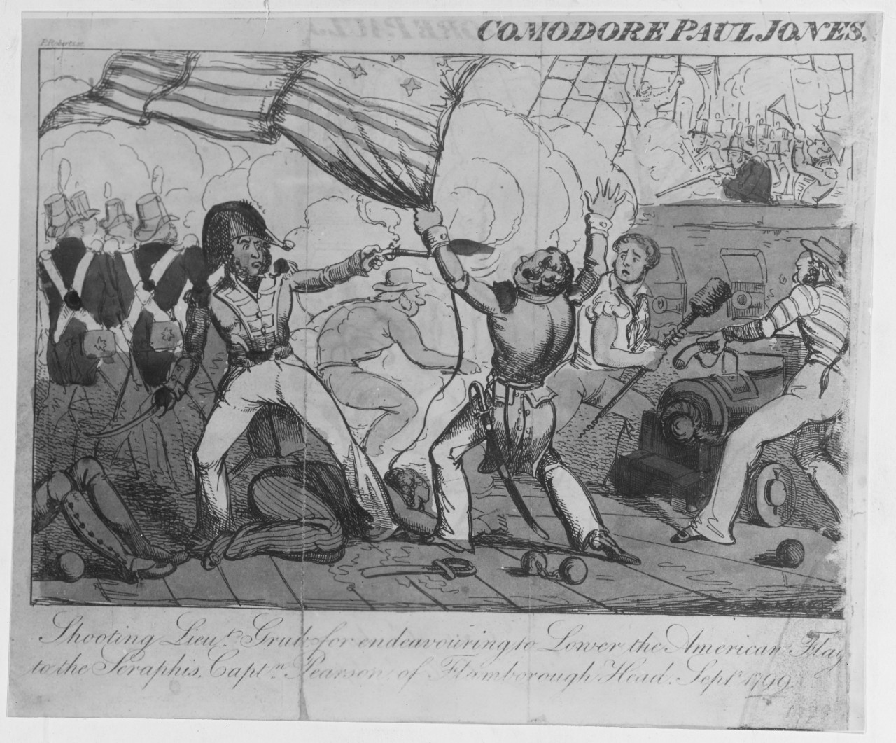 Drawing of Commodore John Paul Jones shooting Lieutenant Grube