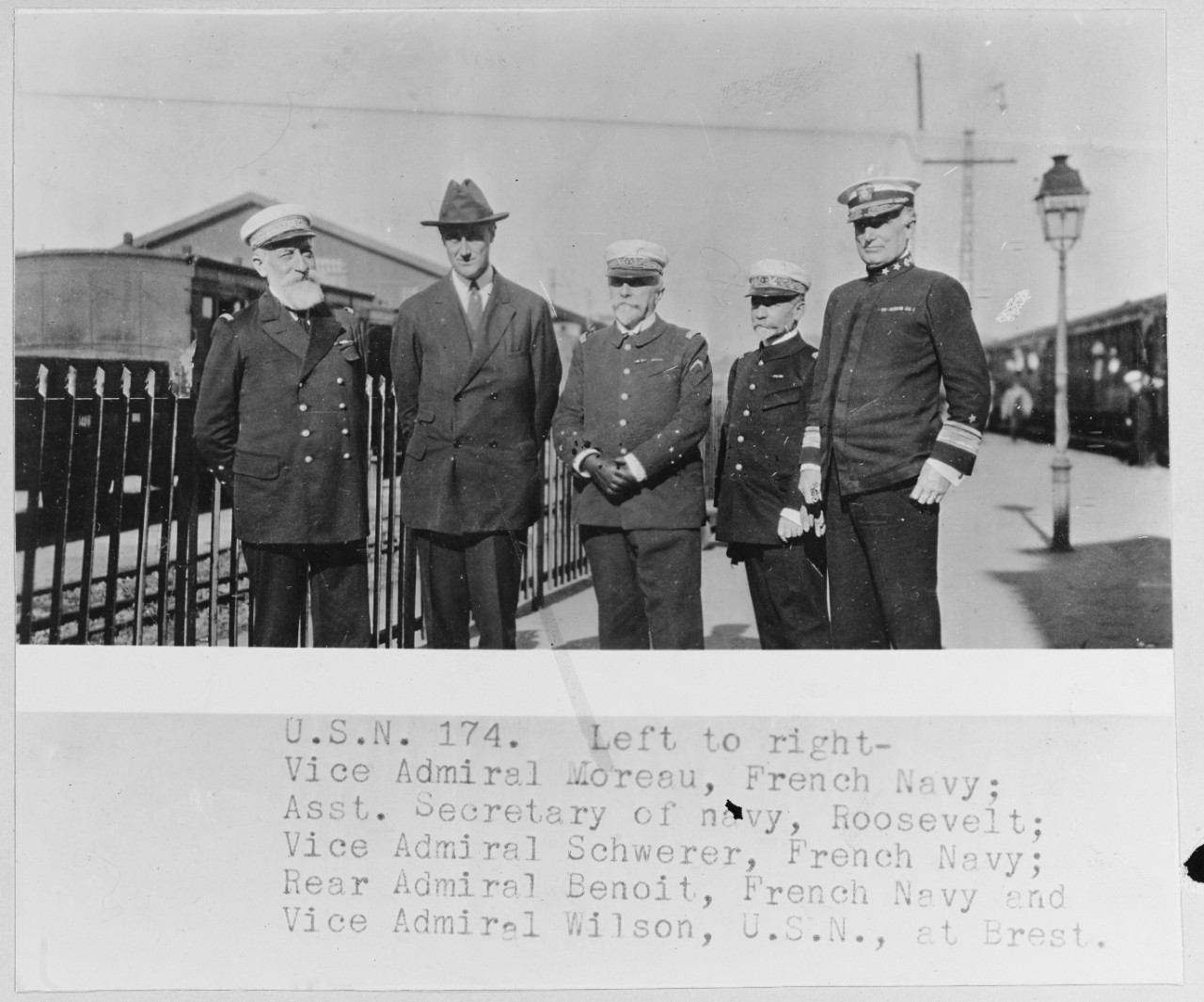 Left to right: Vice Admiral Moreau, French Navy; Assistant Secretary of the United States Navy Franklin D. Roosevelt; Vice Admiral Schwerer, French Navy; Rear Admiral Benoit, French Navy;  and Rear Admiral H.B. Wilson, United States Navy at Brest, France. 