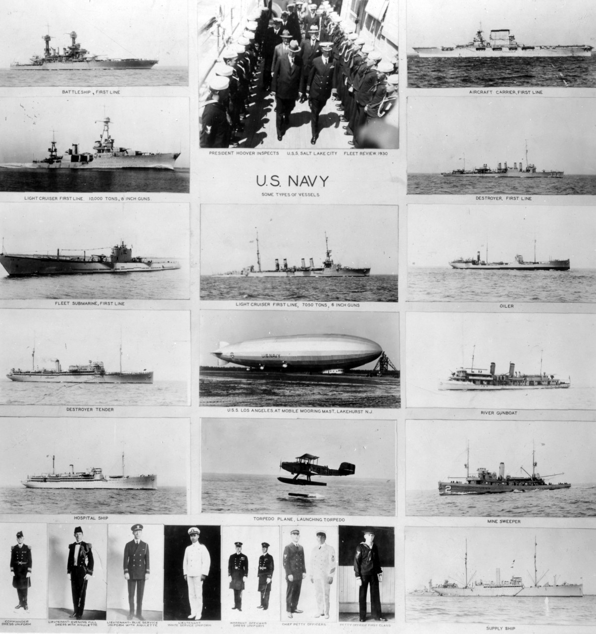 United States ships and officers in miscellaneous scenes. Examples of uniforms, battleships, light cruisers, submarine, destroyer, hospital ship, aircraft carrier, oiler, gunboat, mine sweeper, and a supply ships are shows. 
