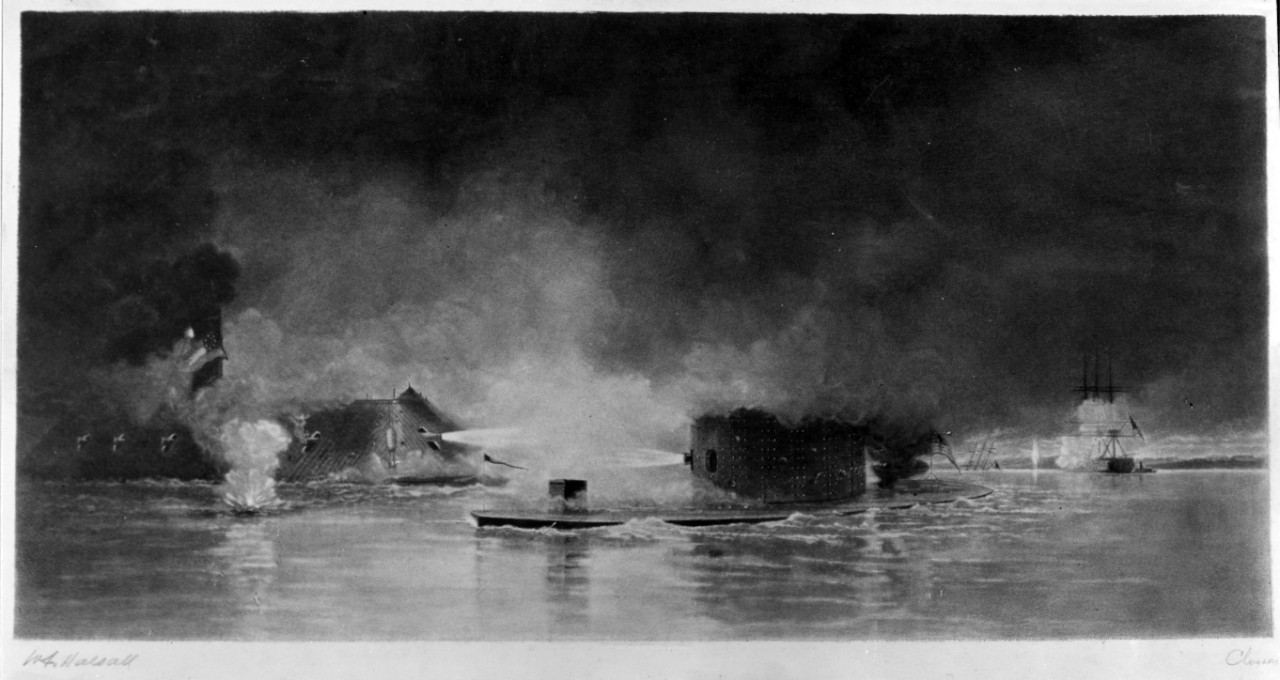 Photo #: NH 1053  Battle between USS Monitor and CSS Virginia in Hampton Roads, Virginia, 9 March 1862