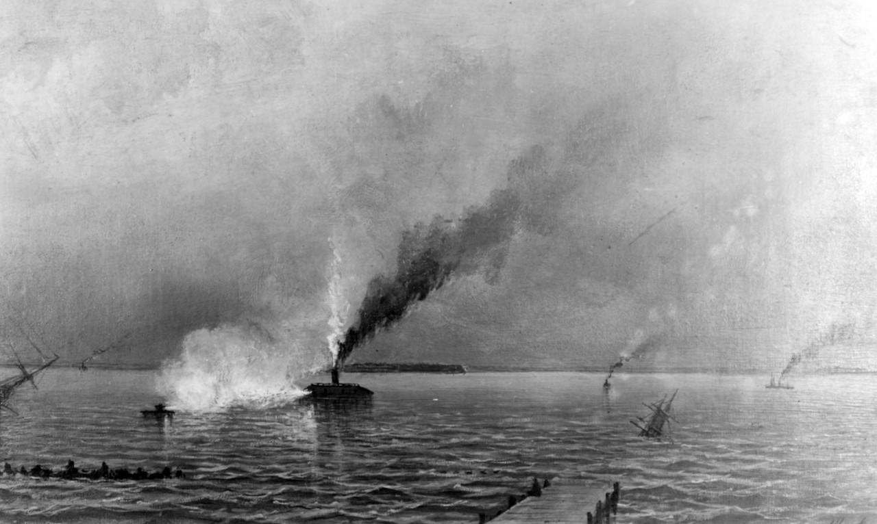 Photo #: NH 1056  Action between USS Monitor and CSS Virginia in Hampton Roads, Virginia, 9 March 1862