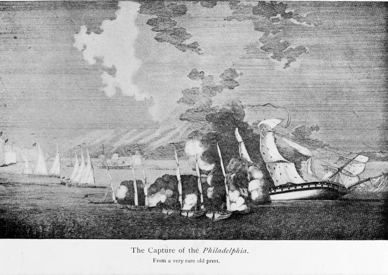 Photo #: NH 1071  &quot;A perspective View of the loss of the U.S. Frigate Philadelphia in which is represented her relative position to the Tripolitan Gun-boats when during their furious attack upon her she was unable to get a single gun to bear upon them&quot;