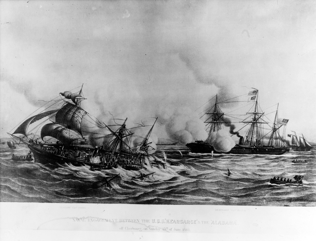 Photo #: NH 1157  &quot;Naval Engagement Between the U.S.S. 'Kearsarge' and the 'Alabama' -- off Cherbourg, 19th of June 1864&quot;