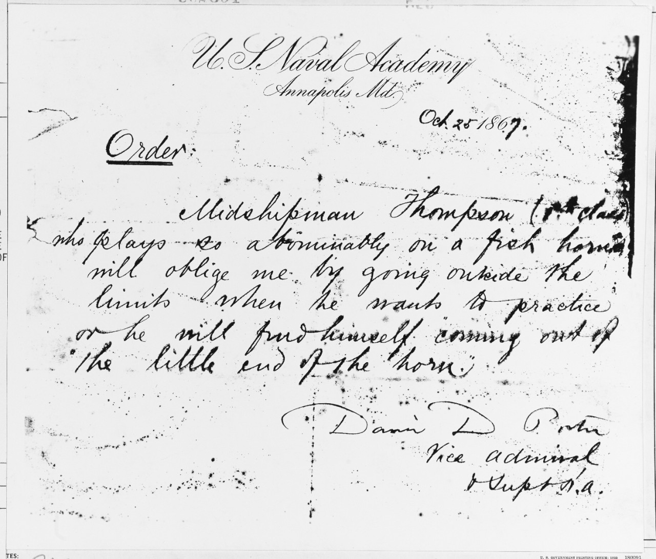 Porter's order to Midshipman Thompson
