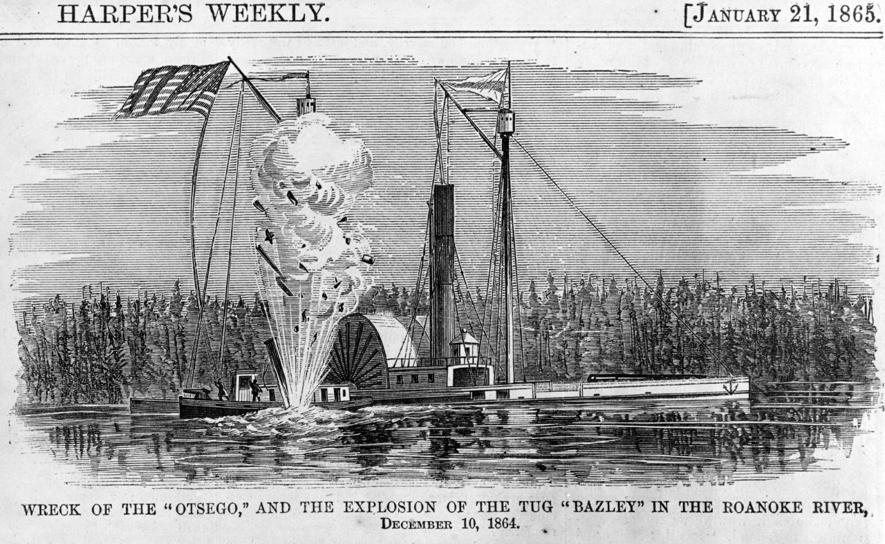 Photo #: NH 1334  &quot;Wreck of the 'Otsego,' and the Explosion of the Tug 'Bazely' in the Roanoke River&quot;