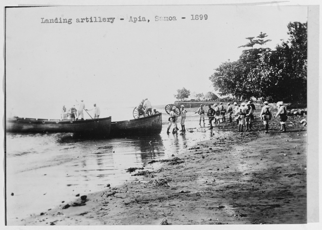 Landing artillery, Apia, Samoa, 1899.