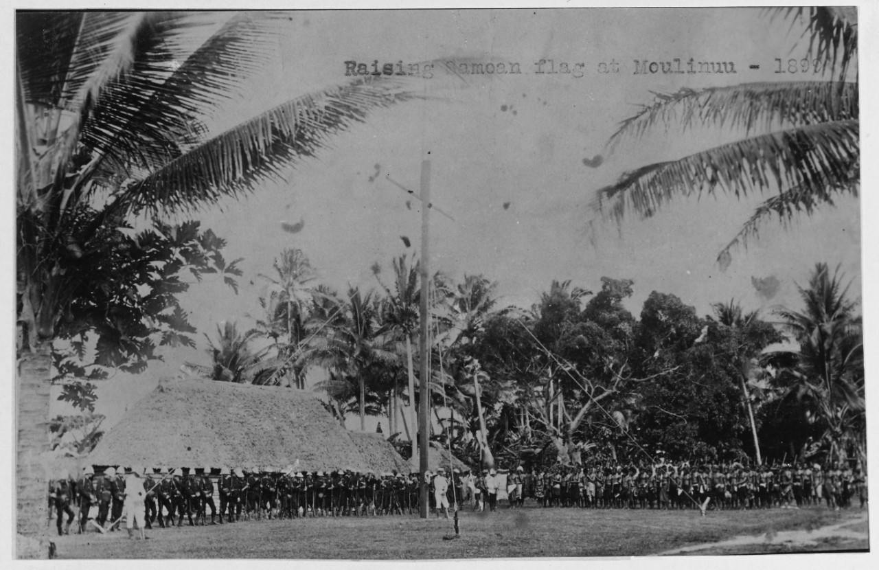 Raising Samoan flag at Moulinuu, Samoa, 1899.