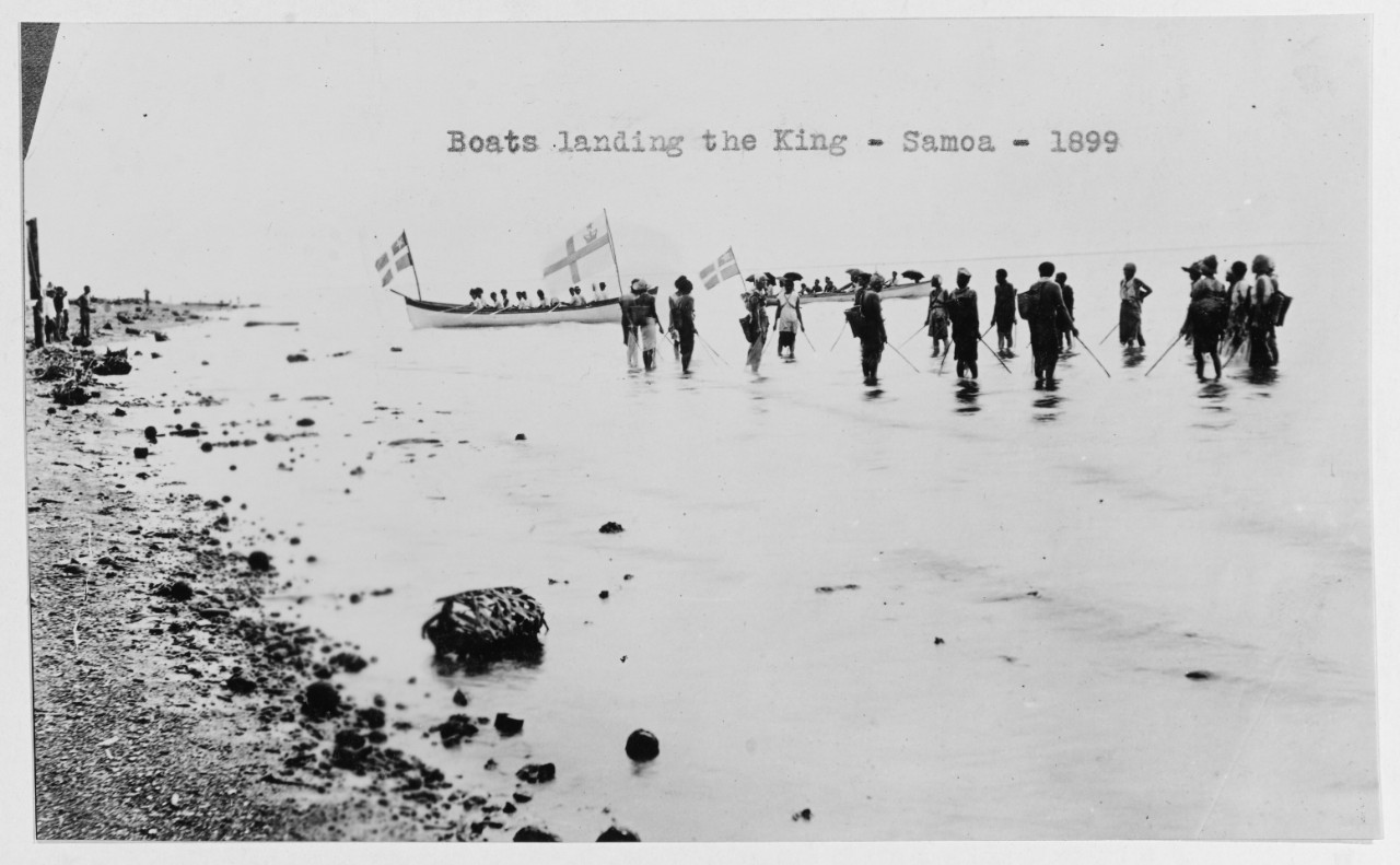 Boats landing the King in Samoa, 1899.
