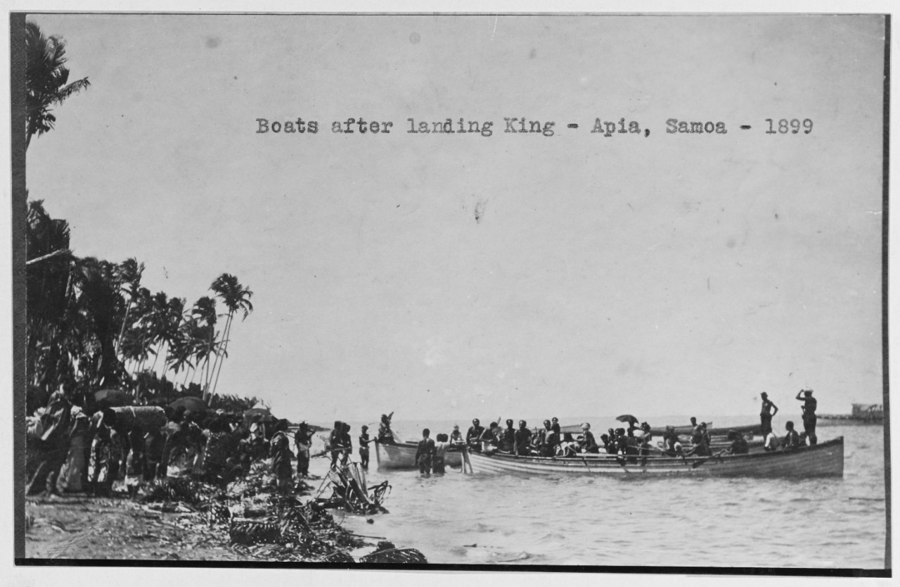 Boats after landing King in Apia, Samoa, 1899.