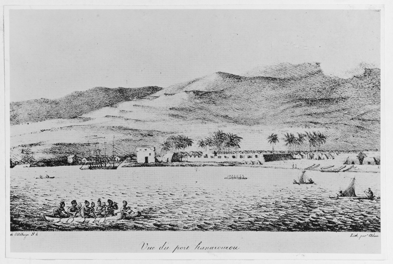View of Honolulu and a fort, 1816.