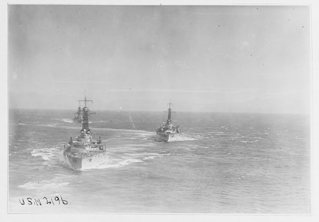 United States battleships steaming out to sea in 1921.