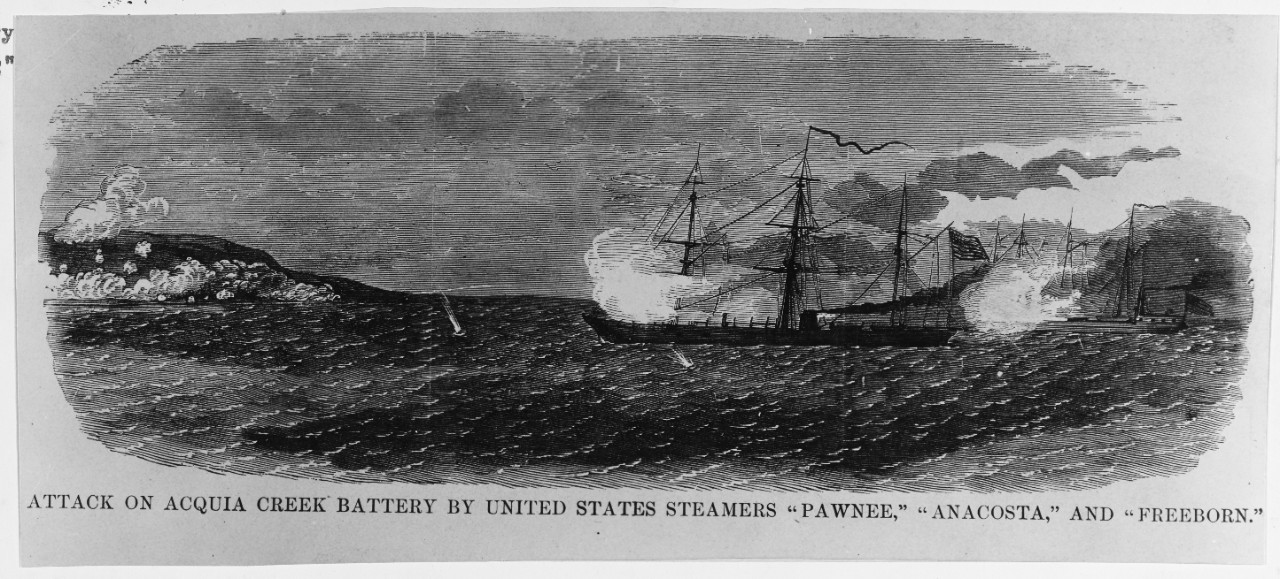 Photo #: NH 1851  &quot;Attack on Acquia Creek Battery by United States Steamers 'Pawnee', 'Anacostia', and 'Freeborn'&quot;, 1 June 1861