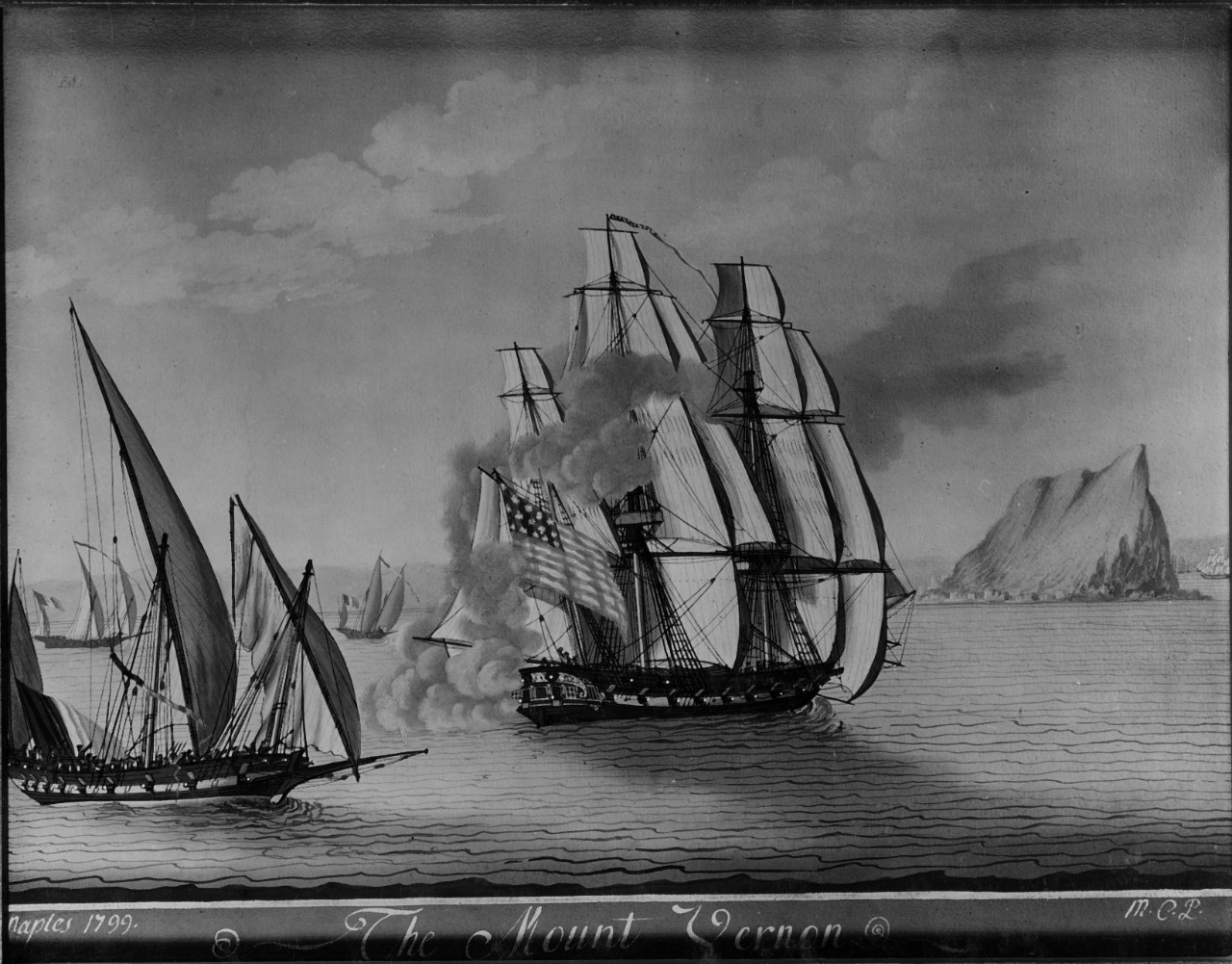 Painting of American ship MOUNT VERNON, Captain Derby, beating off French Privateers in Gibralter Straits, July 31, 1799. 