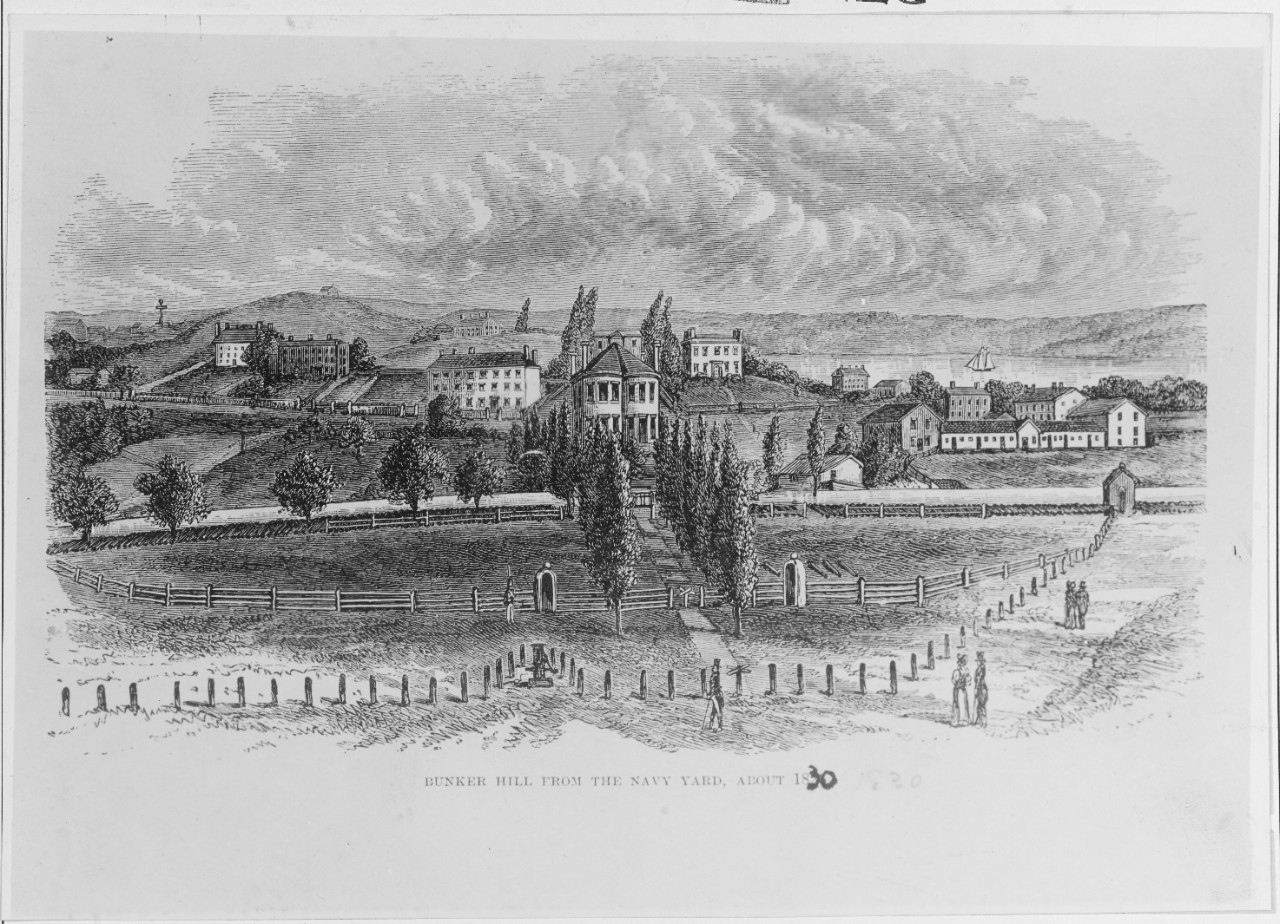 Bunker Hill from the Navy Yard, Boston, Massachusetts, circa 1830. 