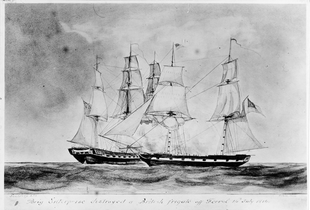 Merchant Brig ENTERPRISE destroying a British Frigate off Ferrol, Spain, July 14, 1814. 