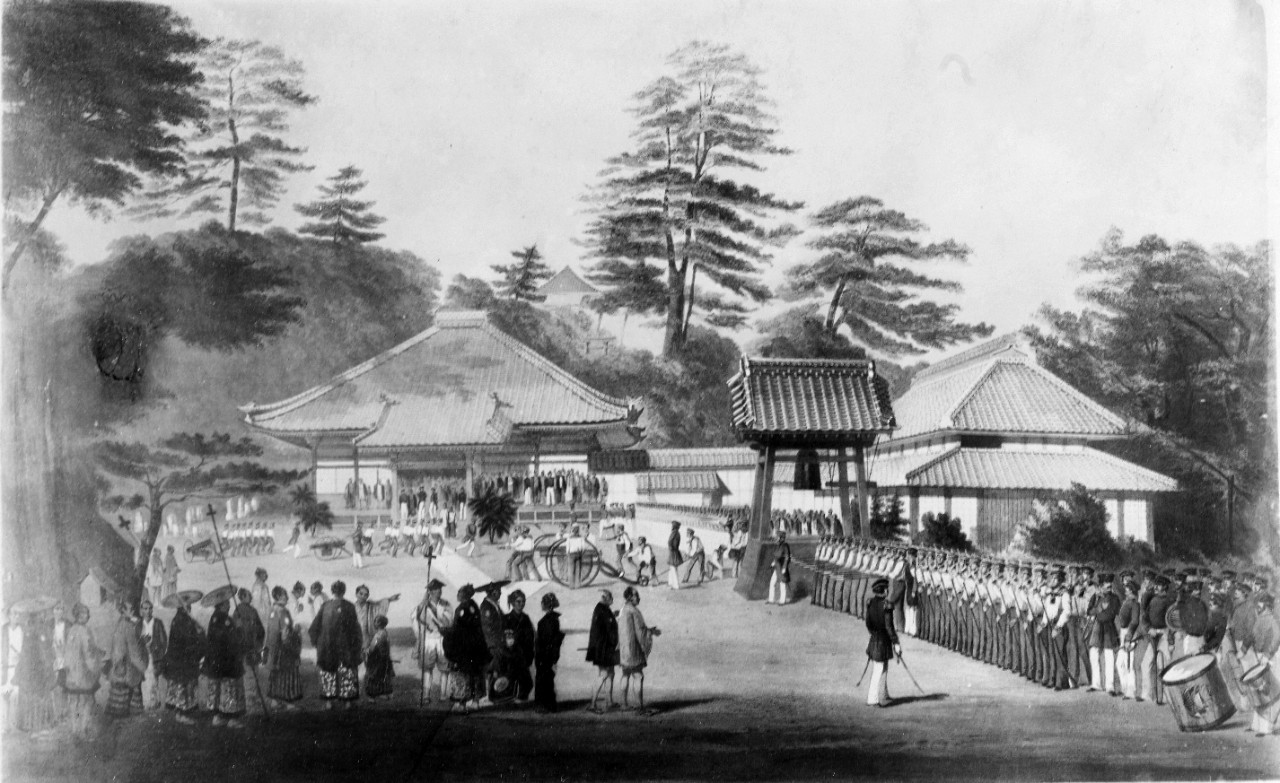 "Exercise of Troops in Temple Grounds, Simoda, Japan, in Presence of the Imperial Commissioners, June 8, 1854."  