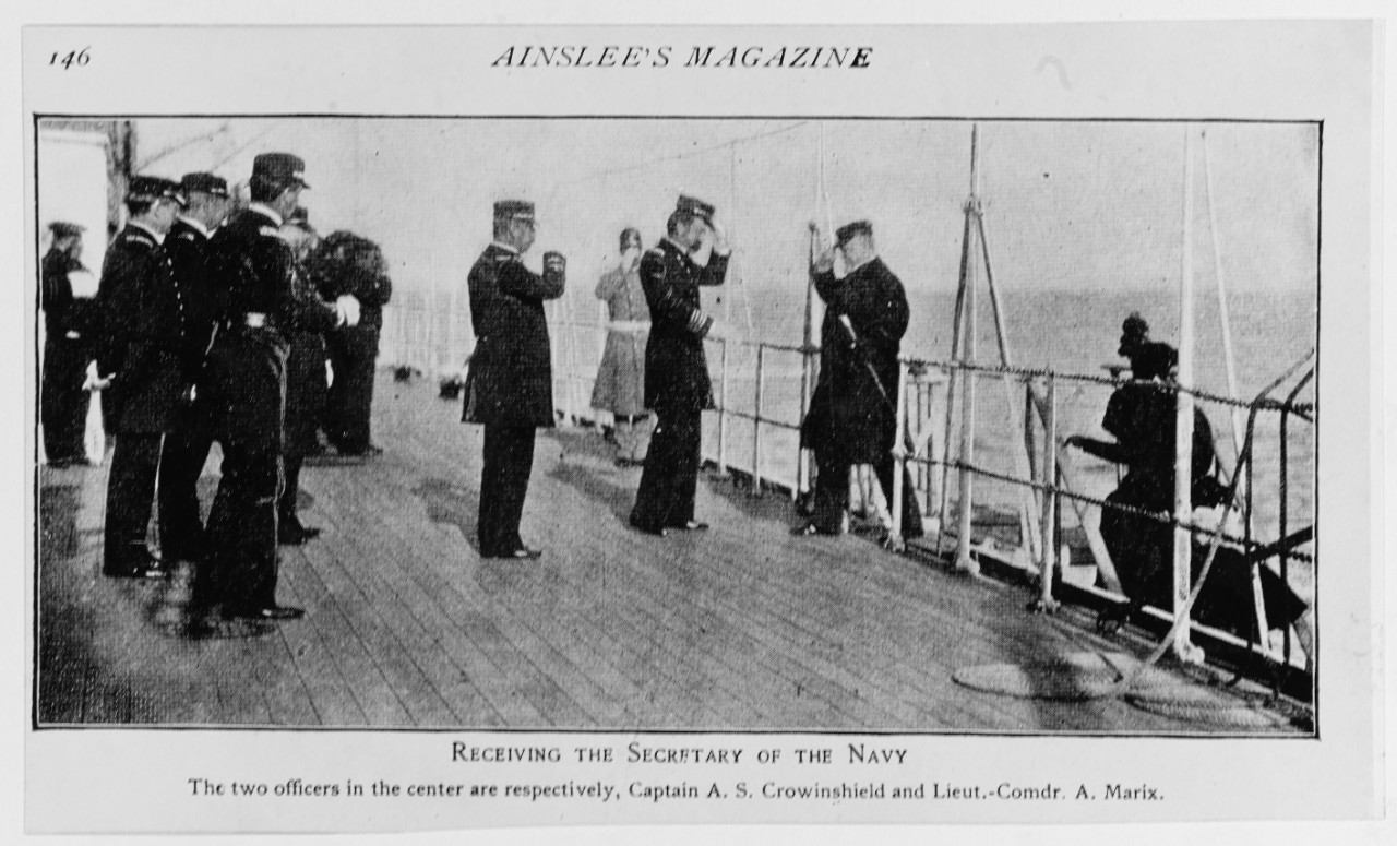 Receiving Secretary of the Navy John D. Long aboard ship.