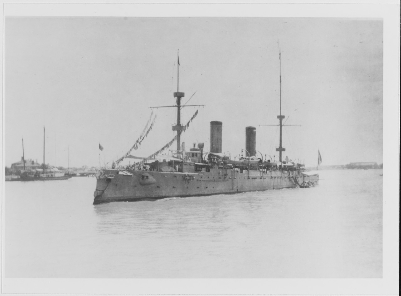 HAI CHI (Chinese Cruiser, 1898-1937) in a Chinese port, circa 1907-1909. Photographed from USS CLEVELAND (C-19)