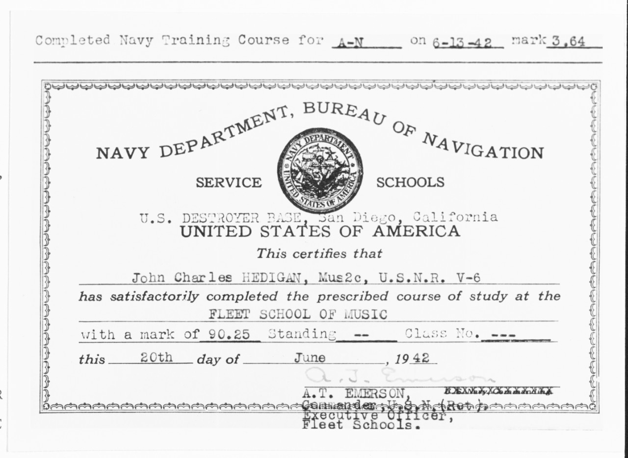 Navy Service Schools Training Completion Certificate