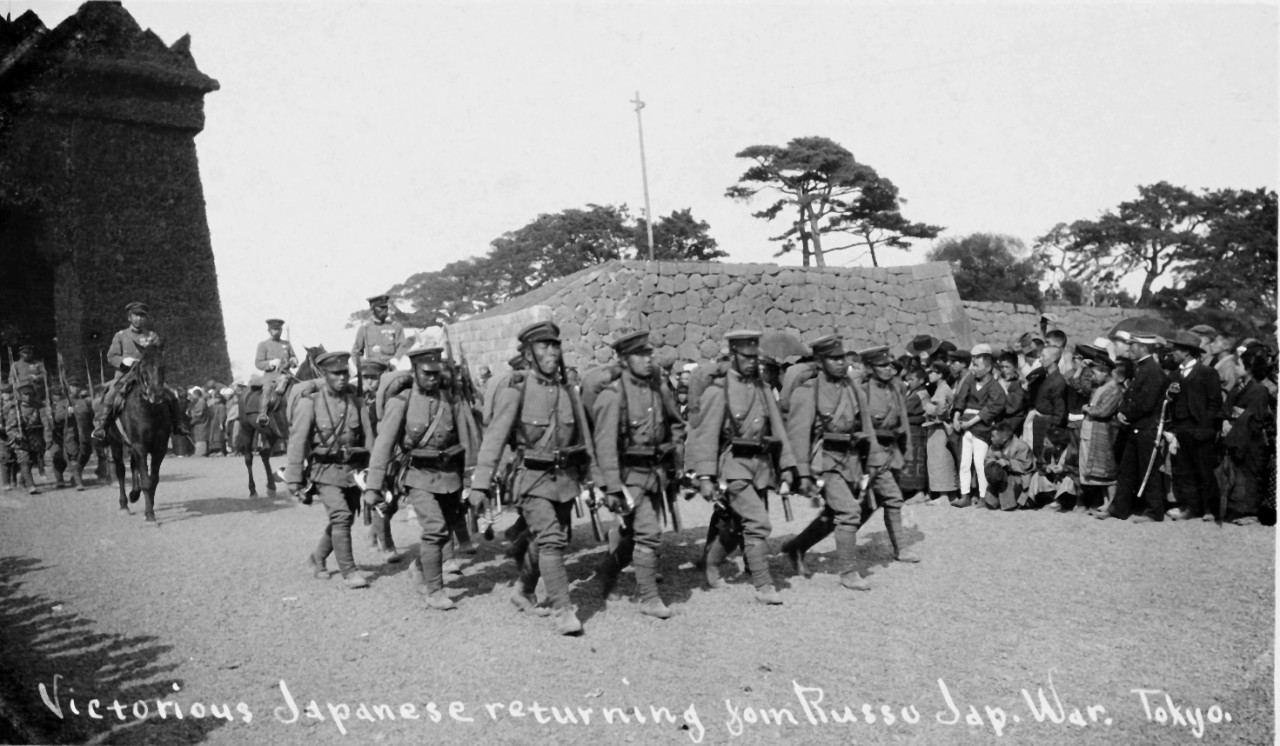Japanese soldiers on parade in Tokyo, after Russo-Japanese War, 1904-1905
