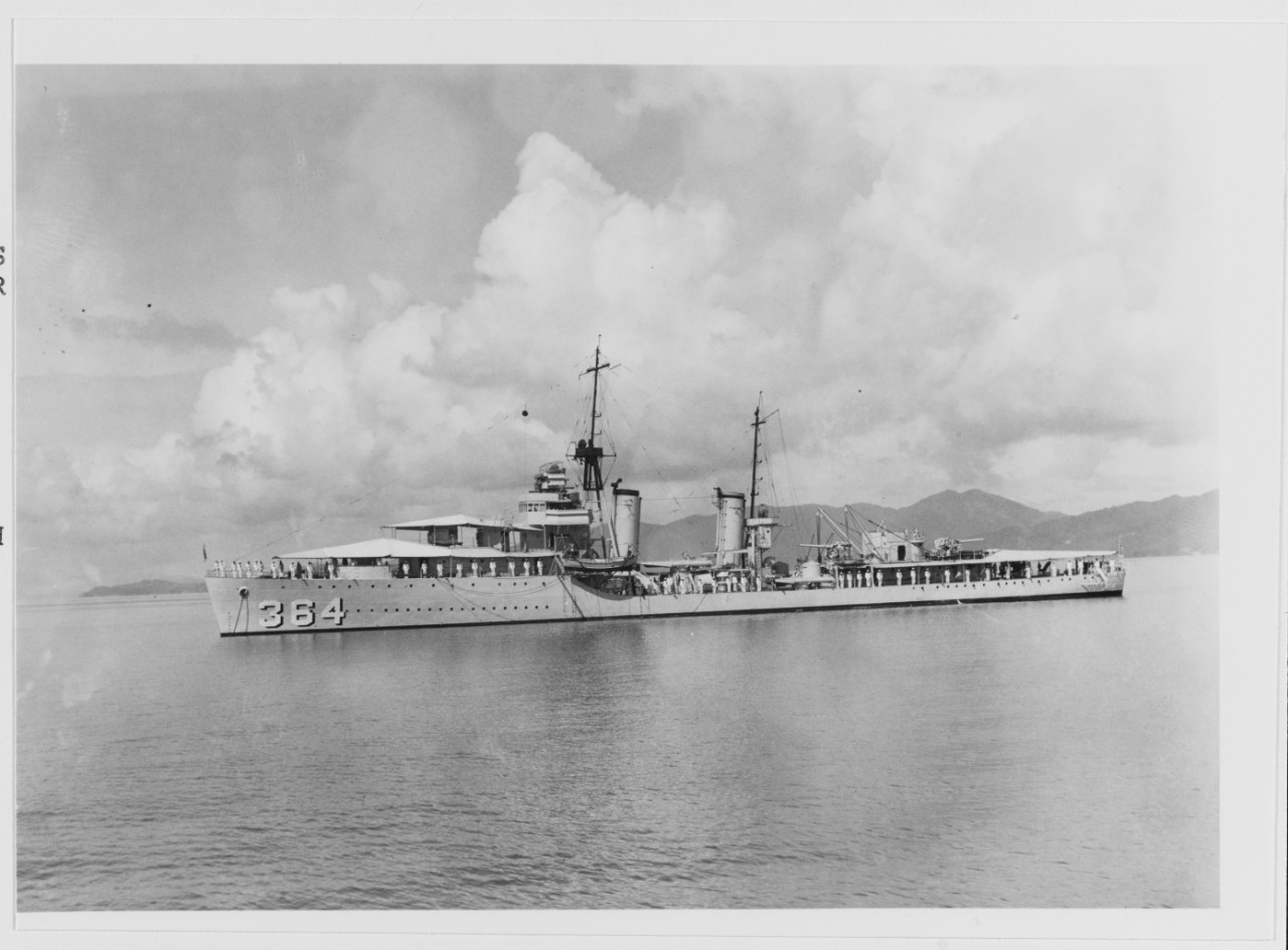 USS MAHAN (DD-364) anchored, with her rails manned, circa the later 1930s