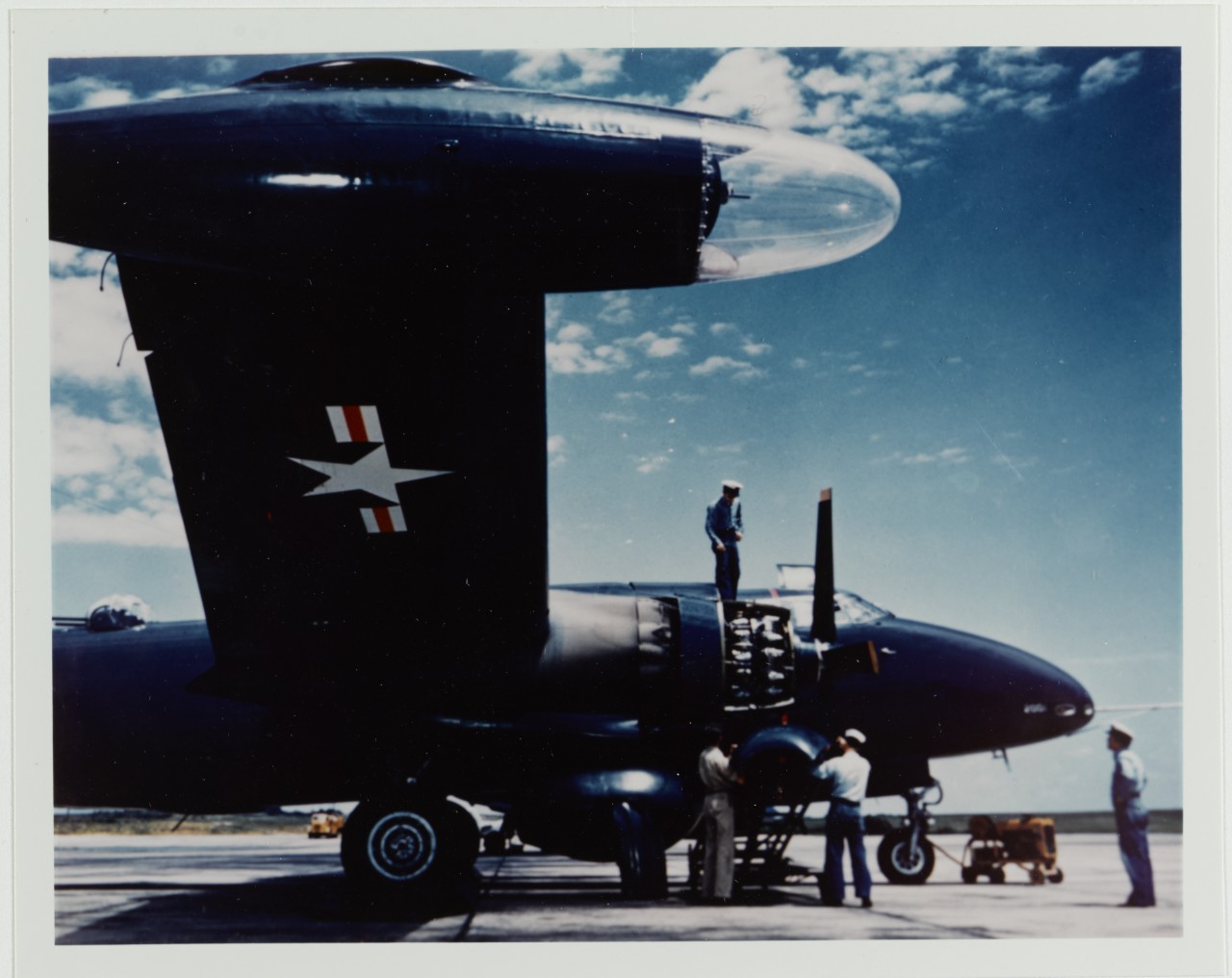 Lockheed P2V Neptune being serviced at Naval Air Test Center, Patuxent River, Maryland, circa 1950s