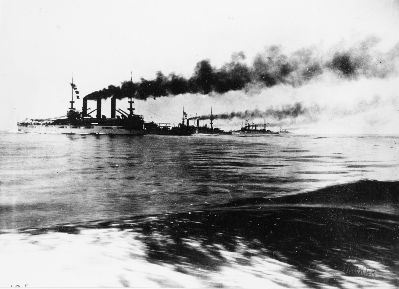 Battleship Squadron, North Atlantic Fleet. Battleships in line abreast, during maneuvers, circa 1904-1905.