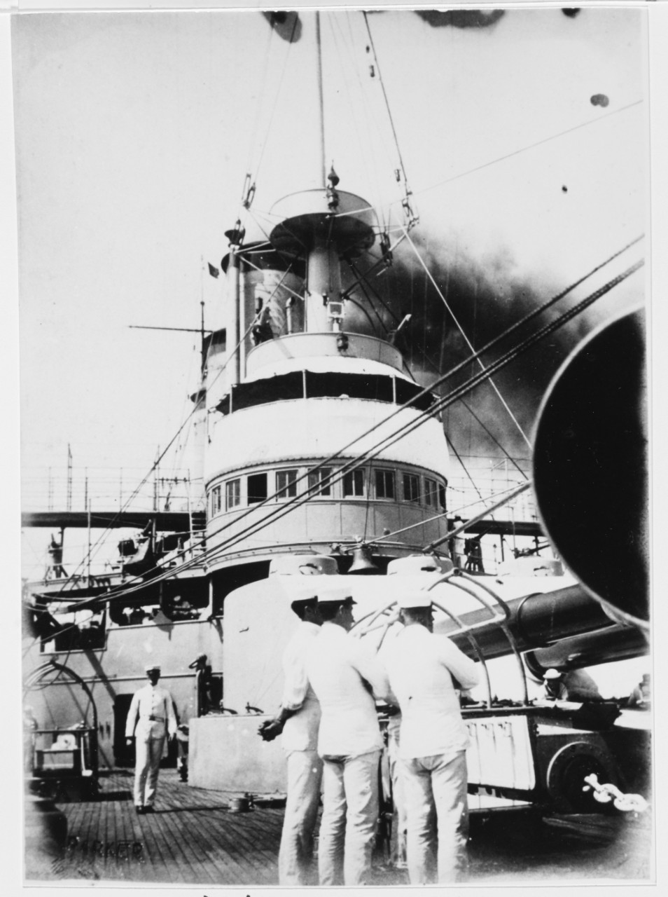 USS MAINE (BB-10) Scene on the forecastle, looking aft, while underway, circa 1903-1905.