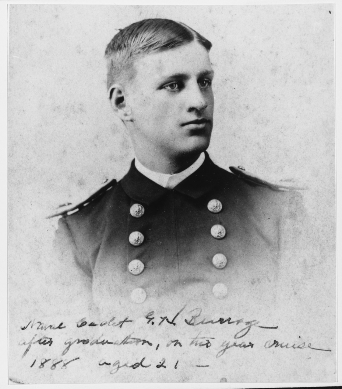 Naval Cadet Guy H. Burrage photographed 1888, Barcelona, Spain, while serving in USS LANCASTER.