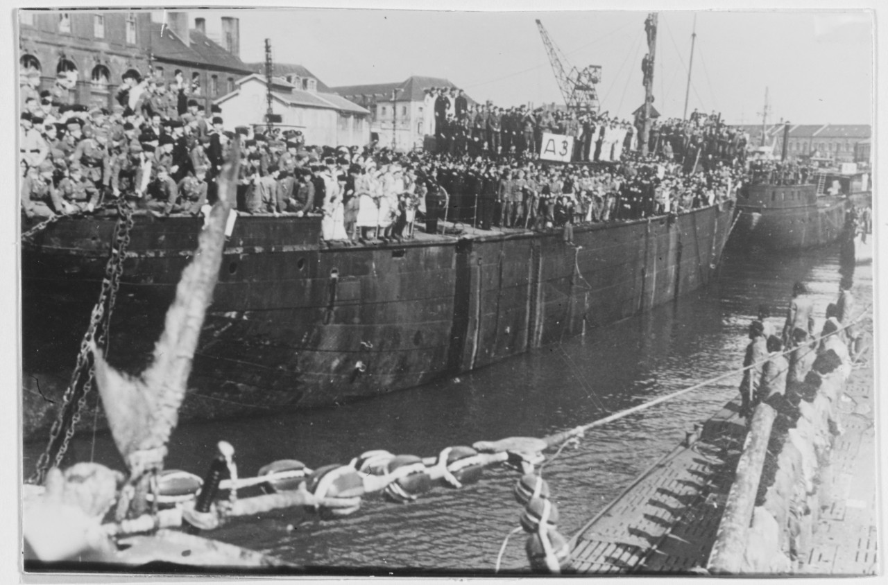 U-428 arriving at Lorient in 1942 after a cruise in the Western Atlantic and off the U.S. Coast.