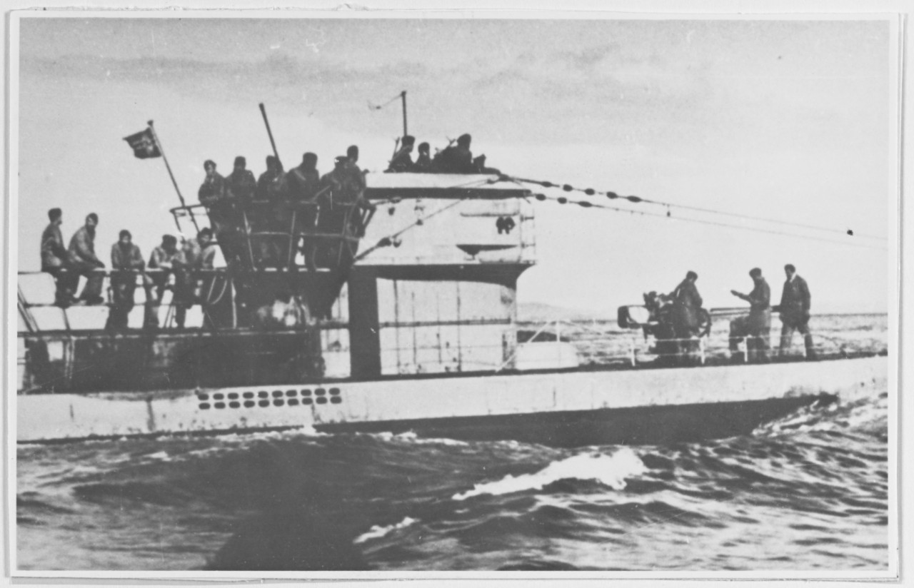 German type VUC U-boat returning to its base in Norway 1943. On the front of the conning tower are mounted the antennas of FUM 029 (radar search receiver).