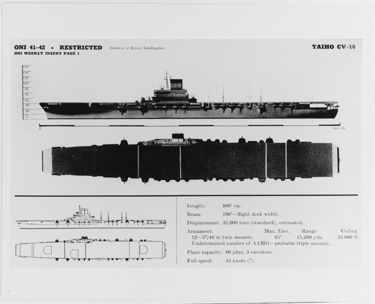 Recognition photograph of Japanese World War II carrier TAIHO CV-10. Plans.
