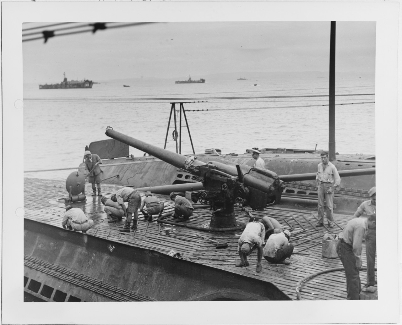 5.7" Gun on Deck of the I-401 Japanese Submarine, looking aft