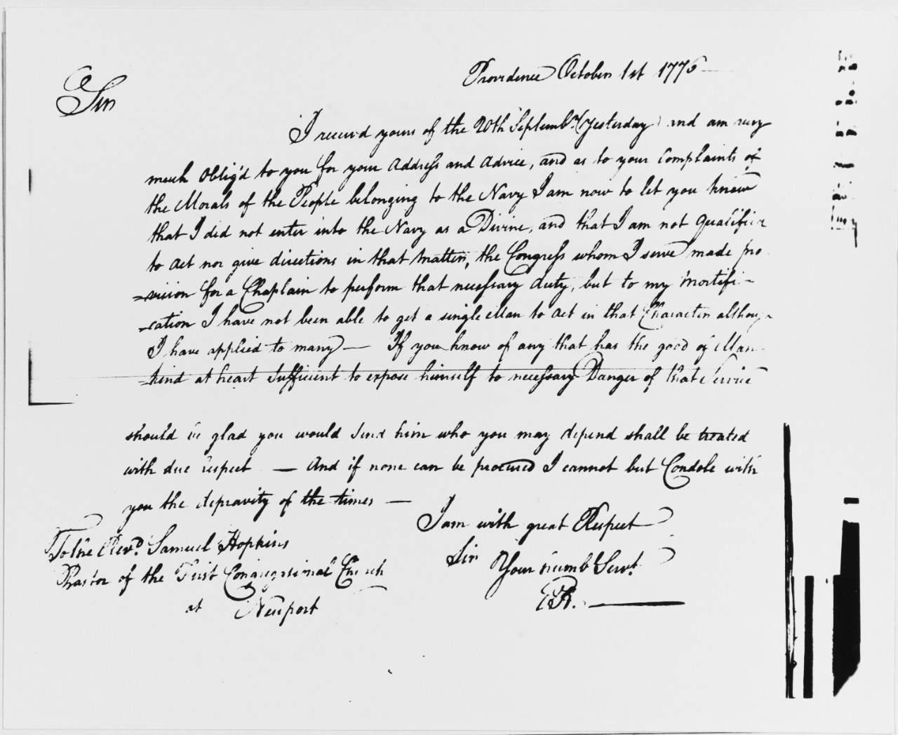 Letter from Commodore Ezekiel Hopkins to Reverend Samuel Hopkins, 1776