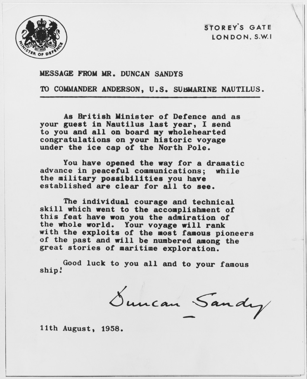 Congratulatory Message from Duncan Sandys to Commander Anderson of USS NAUTILUS (SSN-571)