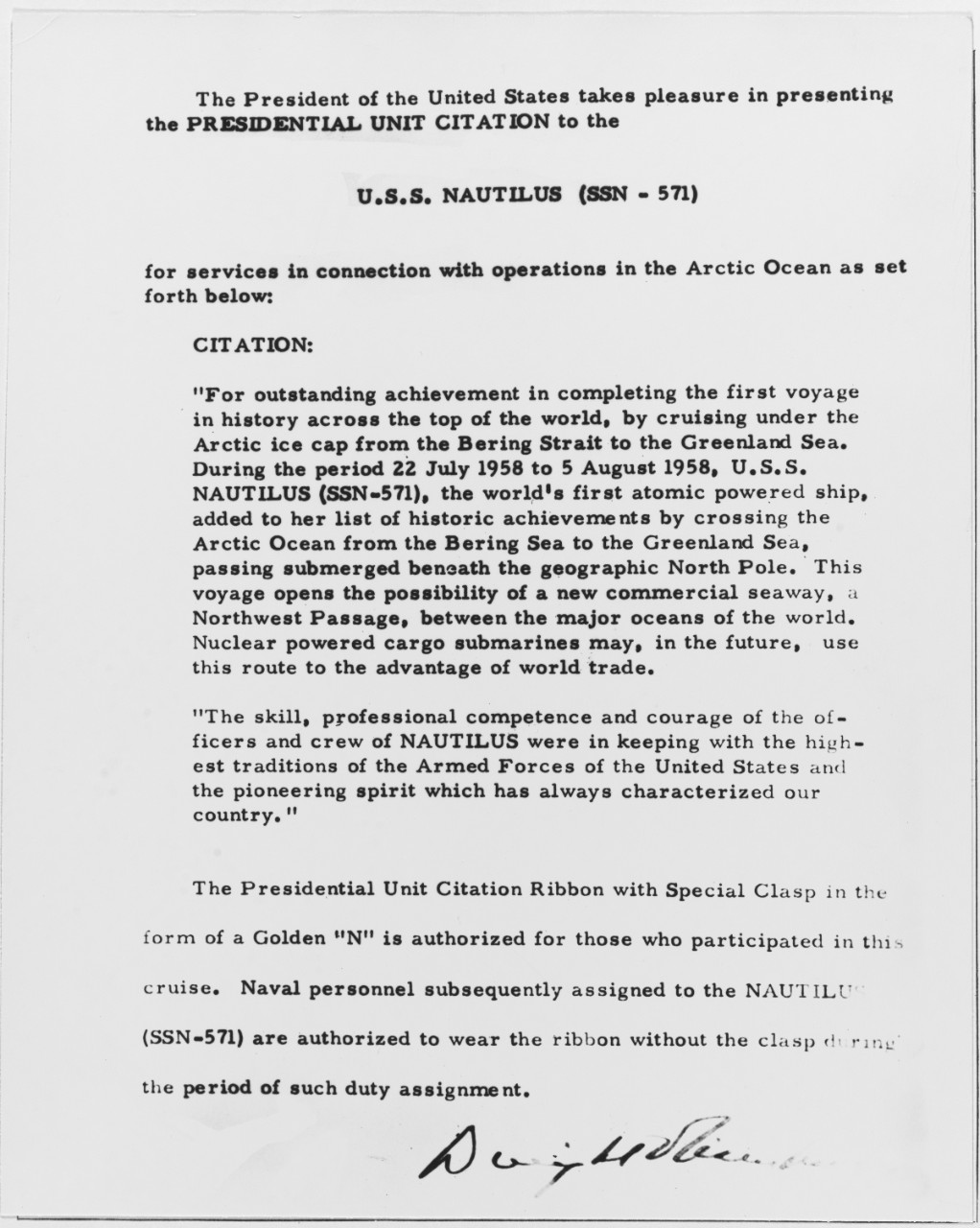 Presidential Unit Citation for USS NAUTILUS (SSN-571), 1958