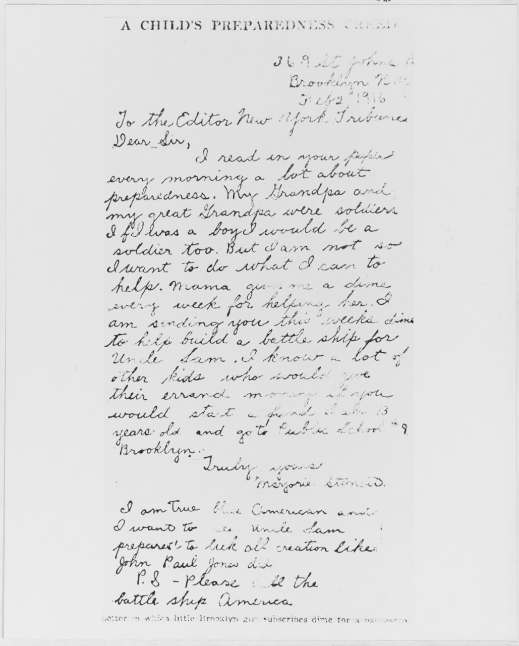 Letter from Marjorie Sterrett to the Editor of the New York Tribune, 1916