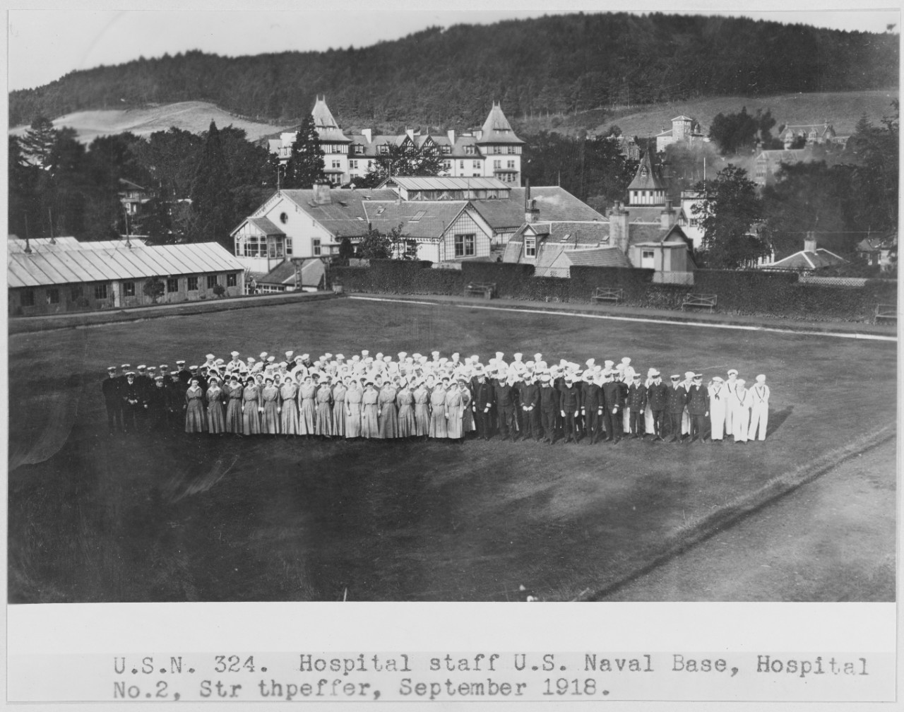 Portrait of Hospital Staff from above, U.S. Naval Base Hospital No. 2, Strathpeffer, Scotland. September 1918