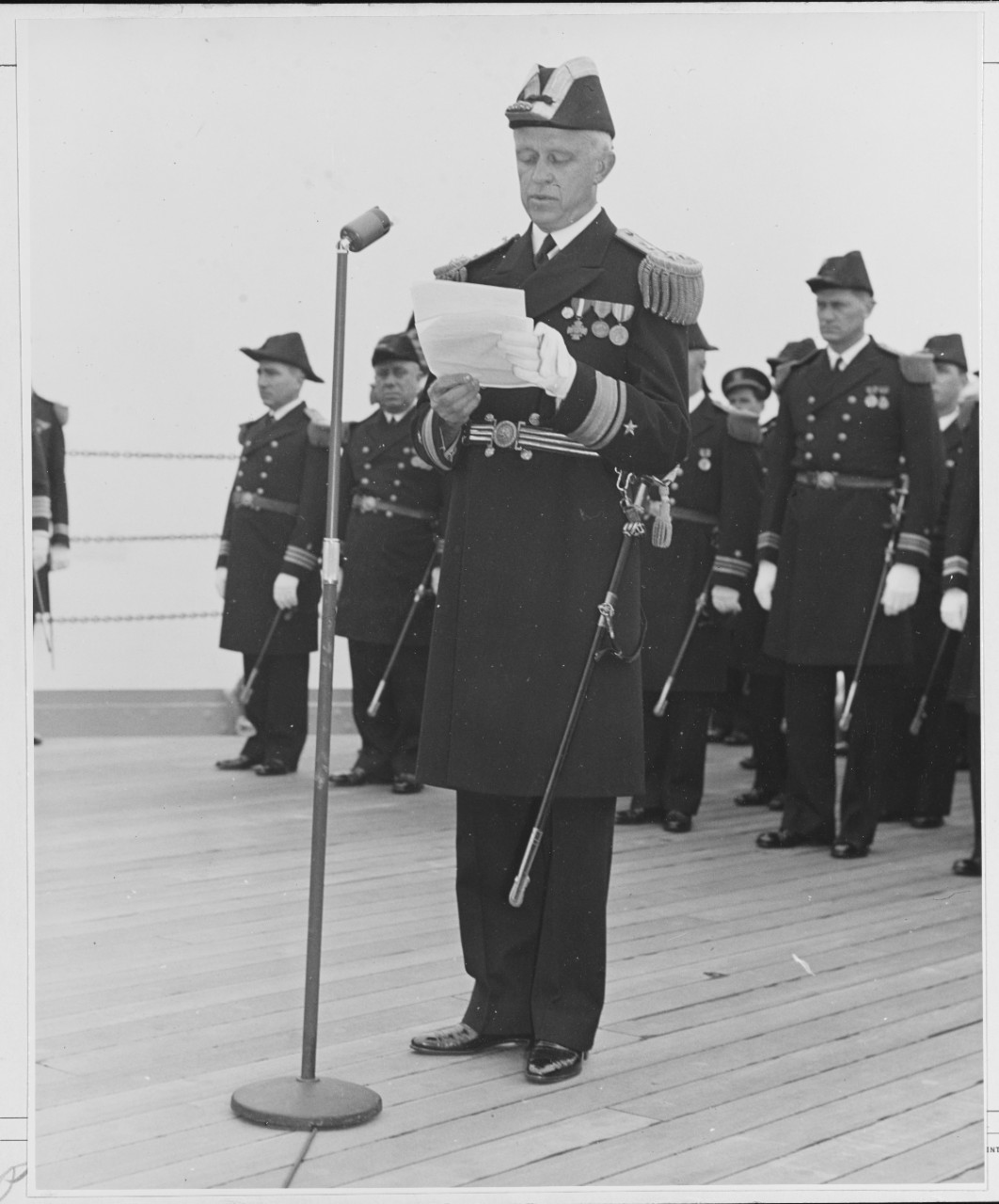 Change of command ceremony aboard USS ARIZONA -BB-39 San Pedro, Cal.