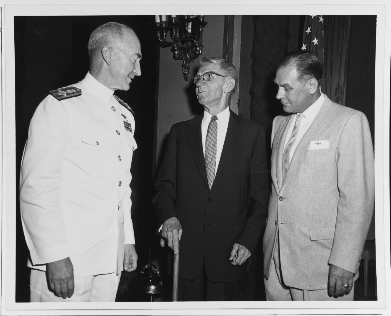 L-R Admiral James Russell, USN, Vcno; Rear Admiral J.A. Furer USN (RET) and Rear Admiral Robert L. Moore, Depchief Buships.